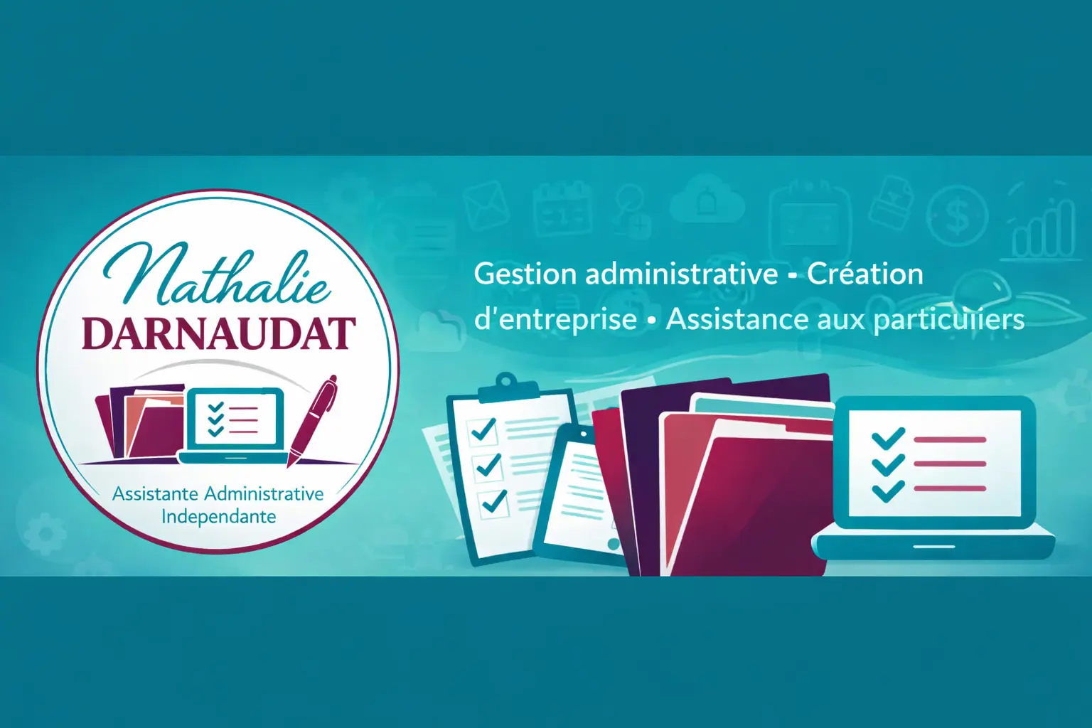 logo Nathalie Darnaudat avec des dossiers administratifs, un ordinateur portable et intitulé des services